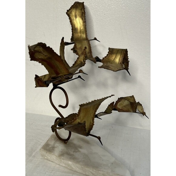 Brutalist Brass Birds in Flight Torch Cut Sculpture on Marble Base MCM 15x15 - Picture 6 of 11